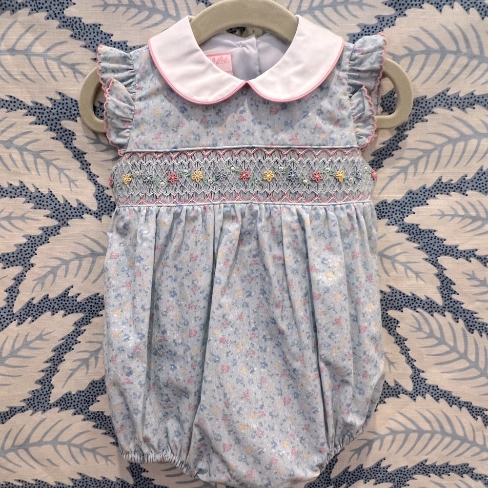 Petit Bebe smocked spring print bubble 9m VGUC